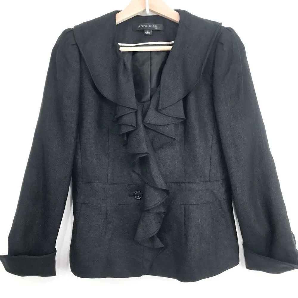 Anne Klein Bluish Black 100% Linen Ruffle Neck Lined Statement Blazer Jacket